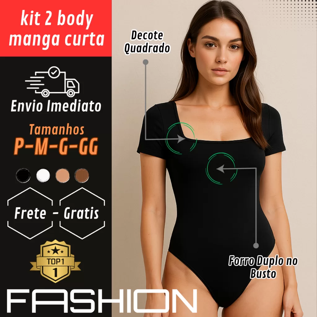 Kit 2 Body Feminino Suplex Collant Manga Curta Decote Quadrado Com Forro Blusinha Premium