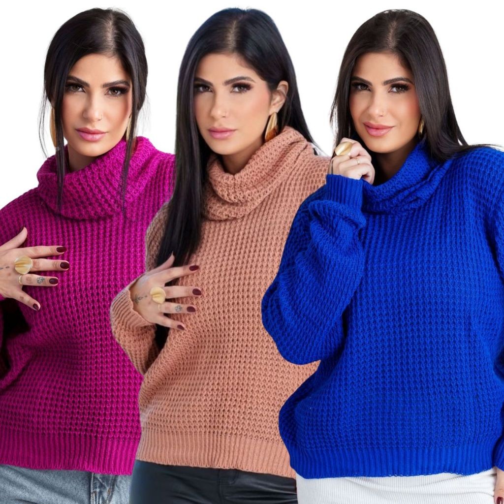 Kit 3 Blusa Tricô Gola Alta Feminina Inverno Manga Longa