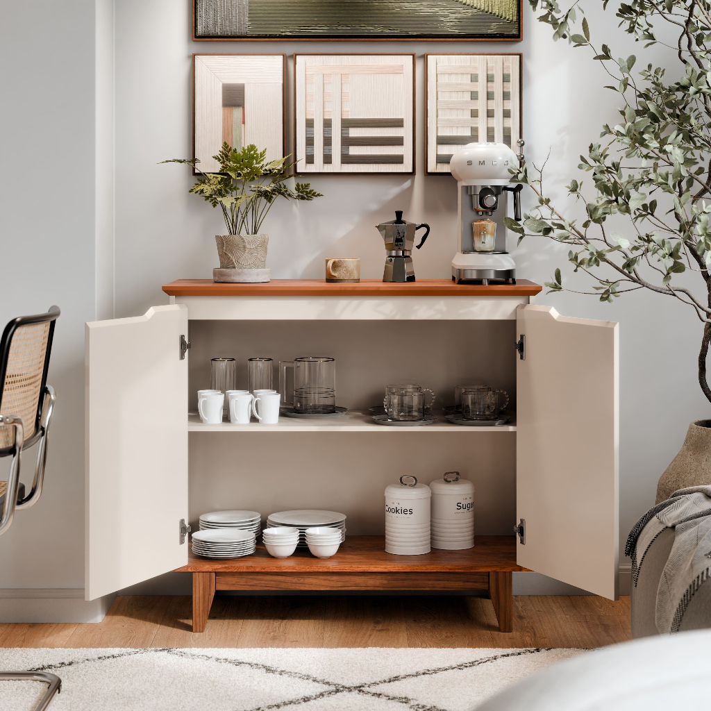 Balcão Armário Multiuso 2 Portas Off White com Freijó | Móvel Café Cozinha Sala Compacto Madeira