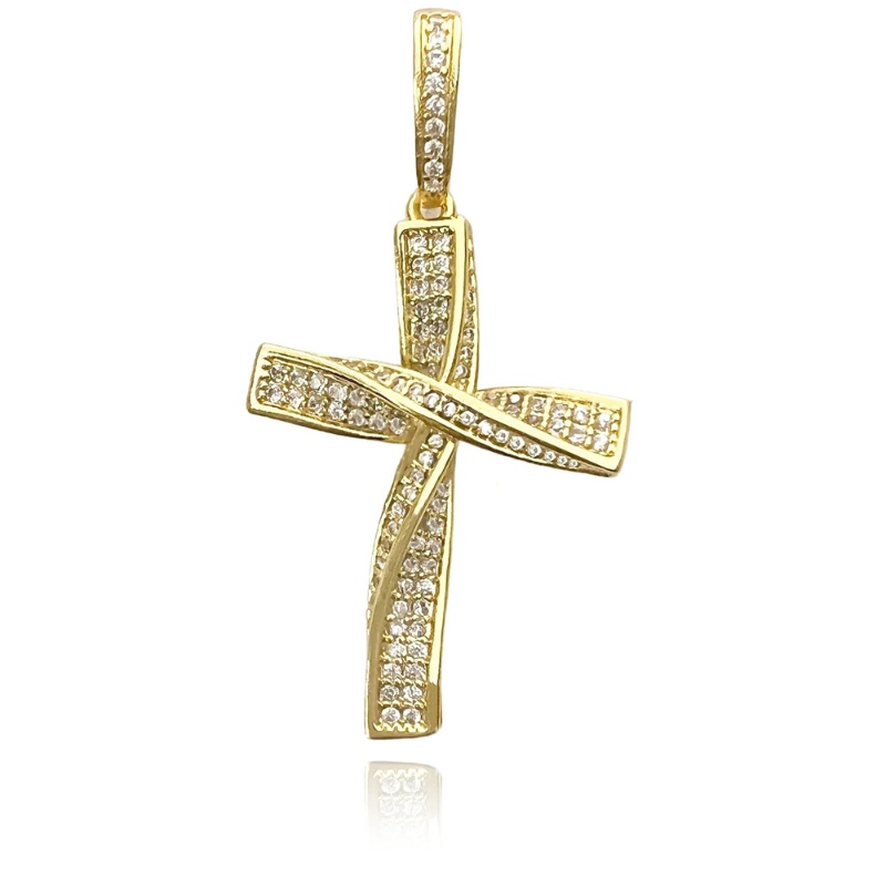Pingente Cravejado Crucifixo Trançado 4,5cm 10g Banhado a Ouro