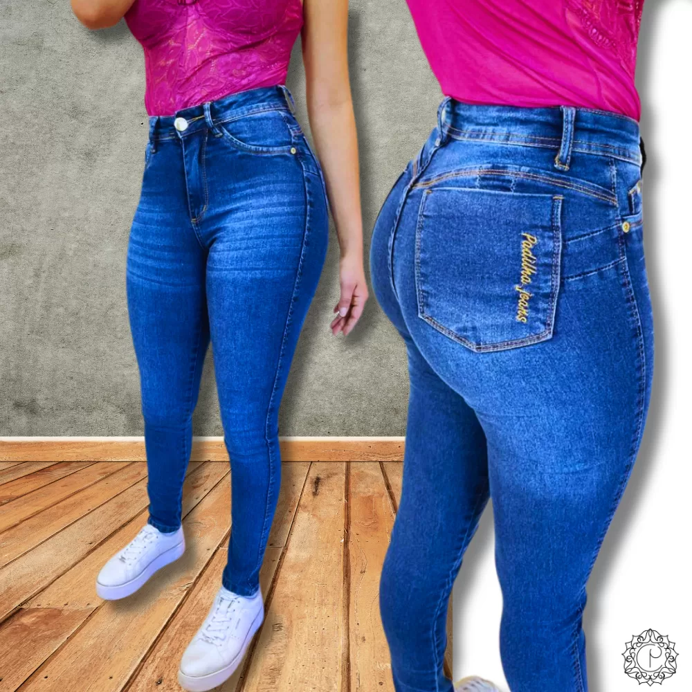 Calça Jeans Feminina Skinny Bigode com USD Elastano Cintura Alta Efeito Levanta Bumbum