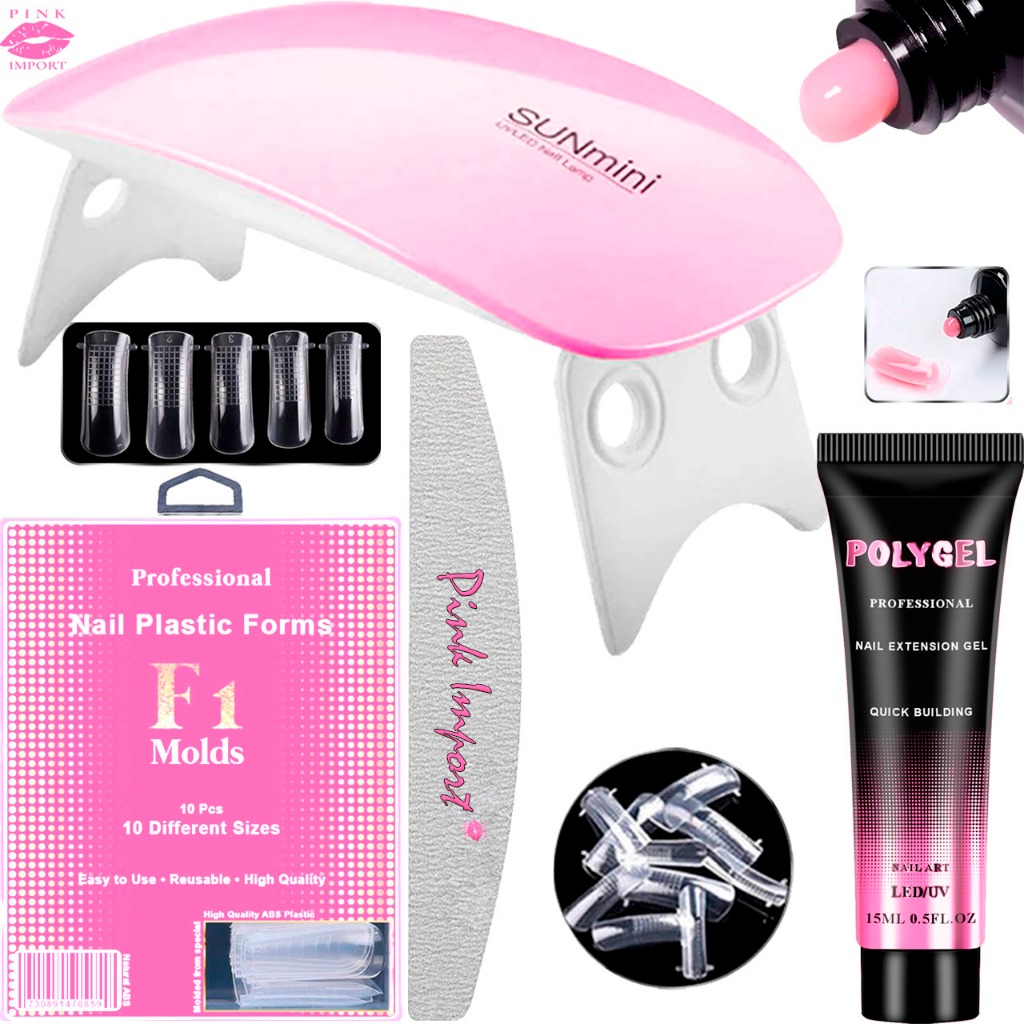 Kit Unha Pollygel Cabine SunMini Portatil Molde F1 Lixa de tips Unhas Postiça