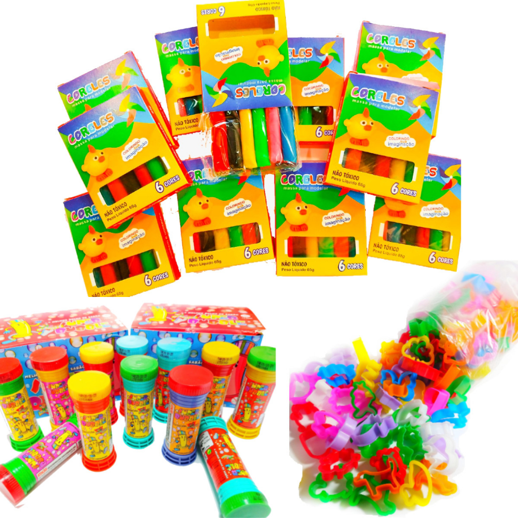 20 Cx Massinha de Modelar + 20 Bolha de Sabao + 20 CortadorKitFesta Aniversario Prenda Lembracinha