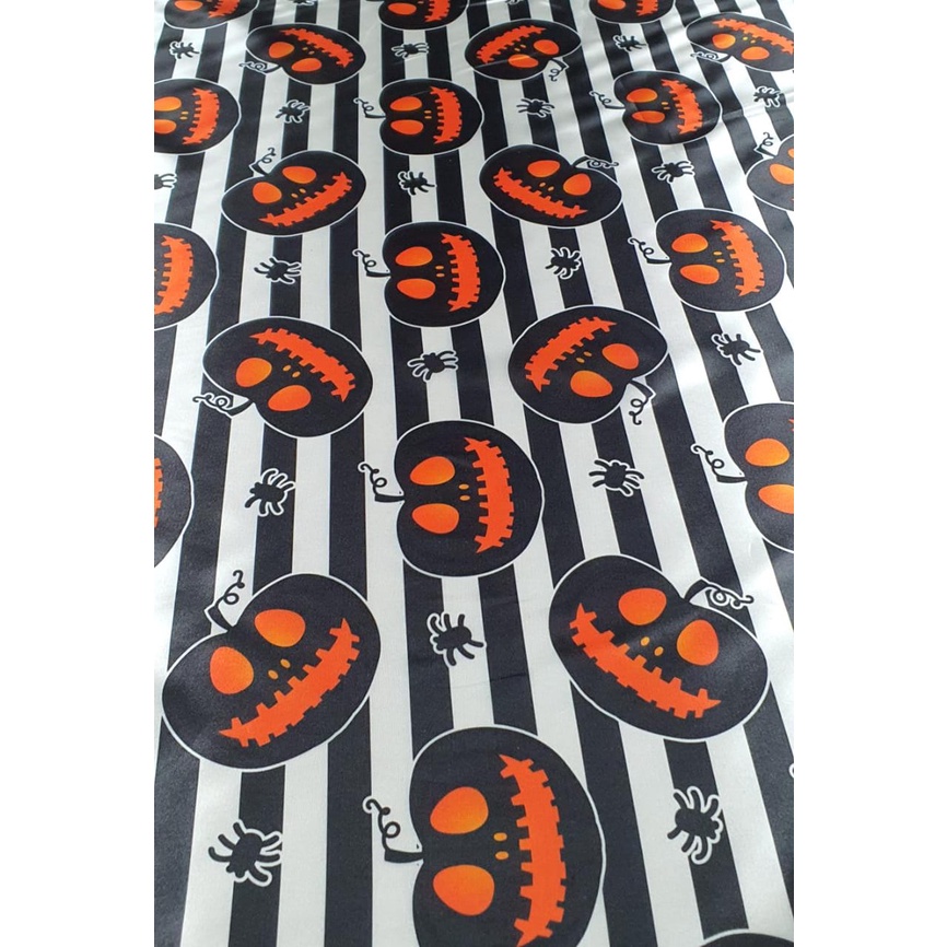 Tecido Cetim Estampado Digital Halloween Listrado Abóboras