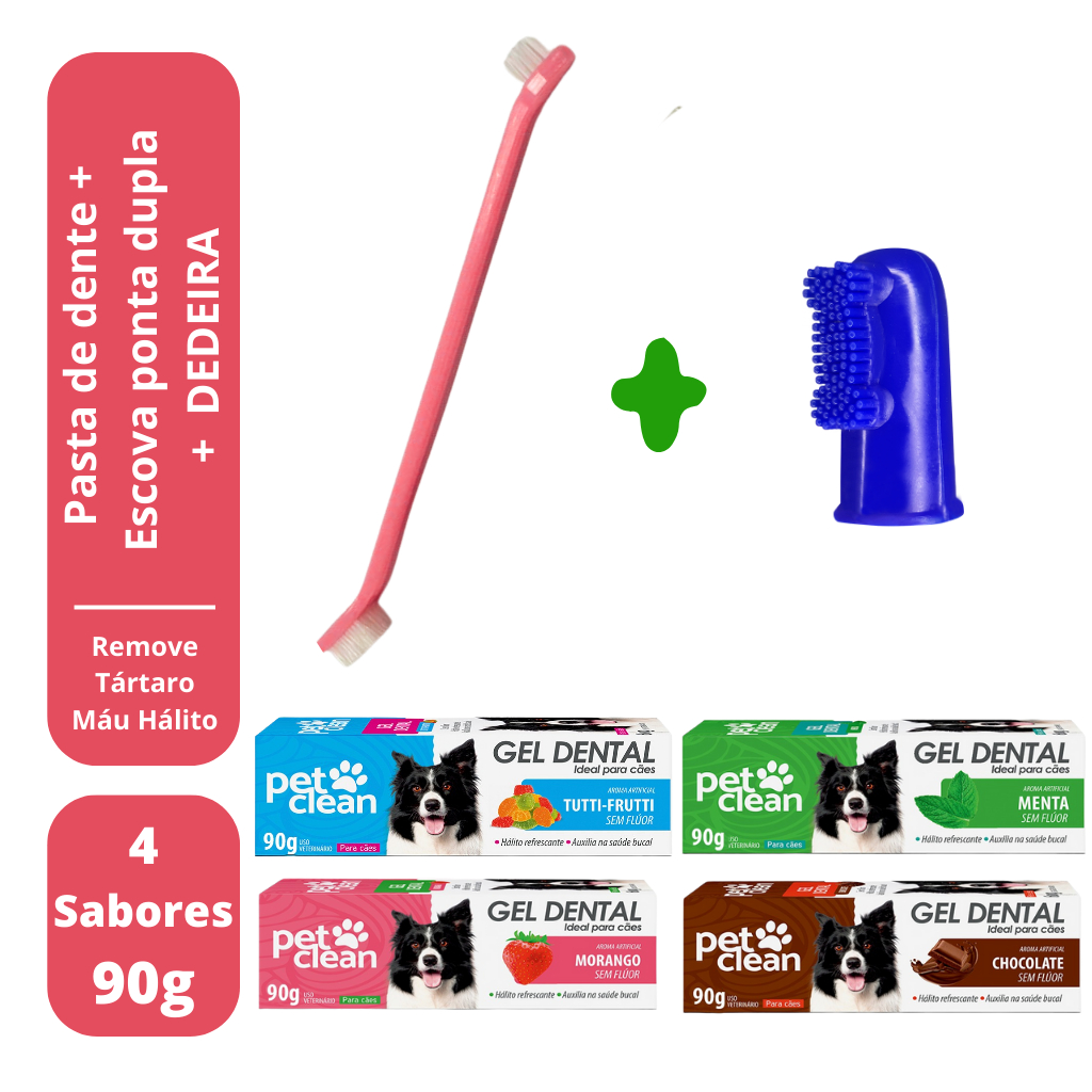 Kit Escova de Dente para Cachorro + Pasta Dente + Dedeira Pet 90g
