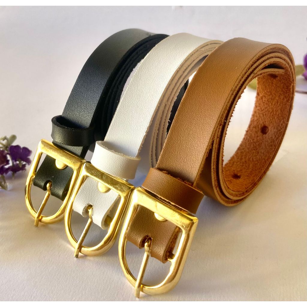 Kit 3 Cintos de couro Feminino elegante fivela dourada cinto 2 cm largura – preto branco e marrom pl