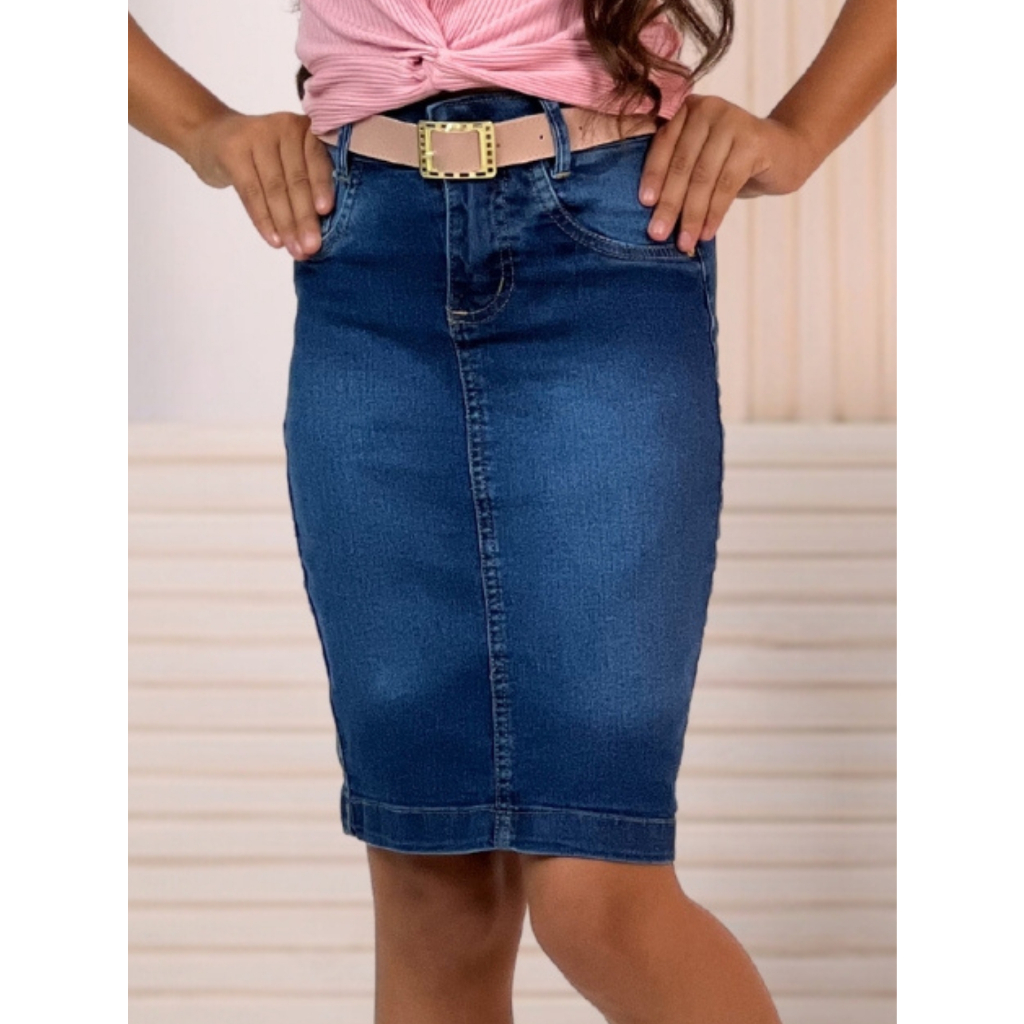Saia Jeans Infantil Juvenil Moda Evangélica Com Cinto Elastano (Lycra)