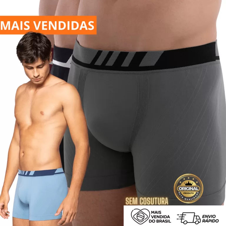 Kit com 3 Cuecas Boxer sem Costura Masculina Adult