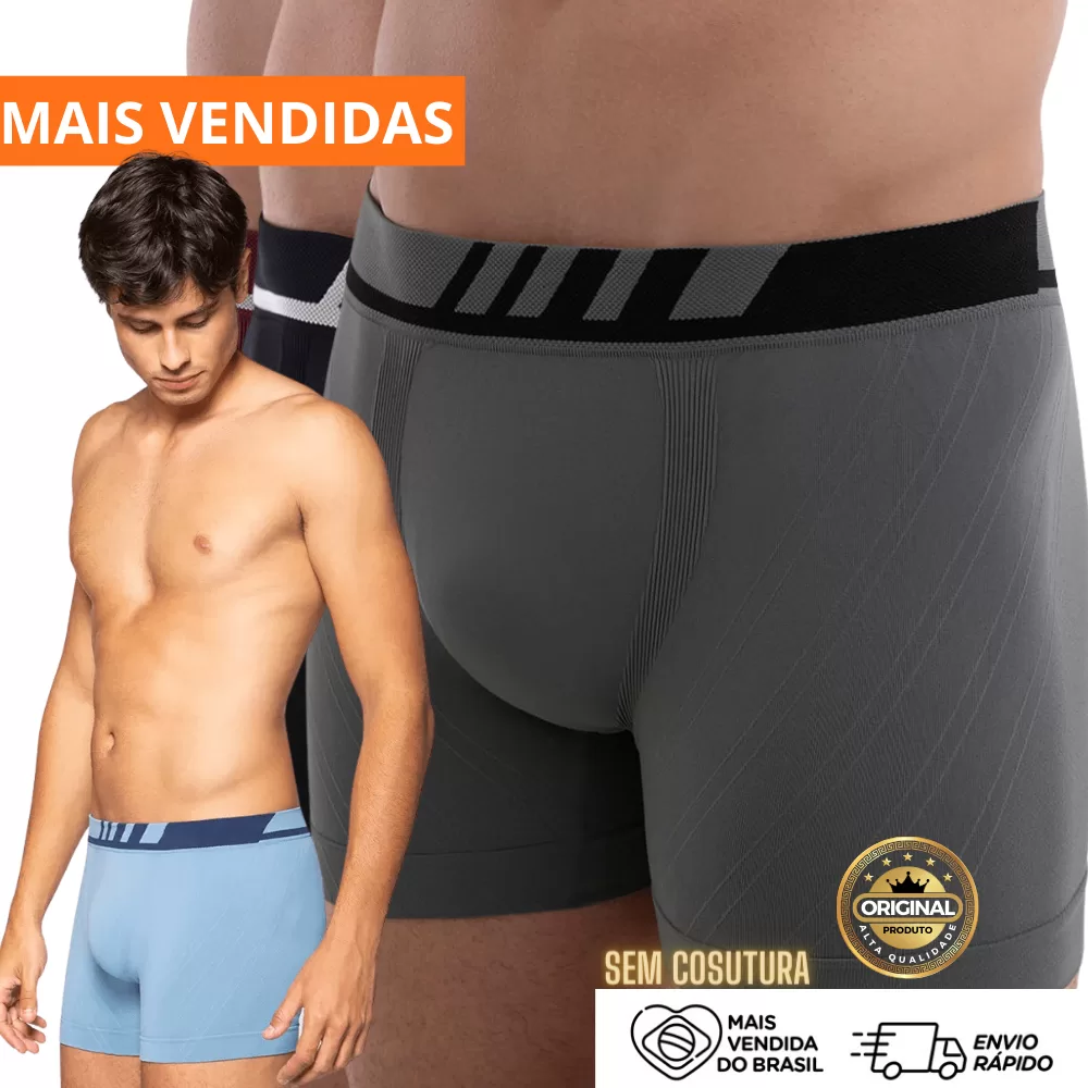 Kit com 3 Cuecas Boxer sem Costura Masculina Adulto Premium