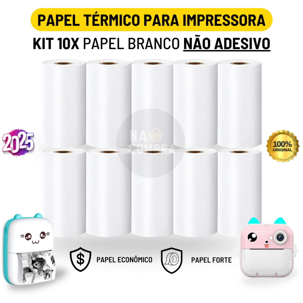 Kit 10 Bobina Térmica 57x30mm Não Adesivo Branco Rolo com 80 Metros Para Mini Impressora Portátil