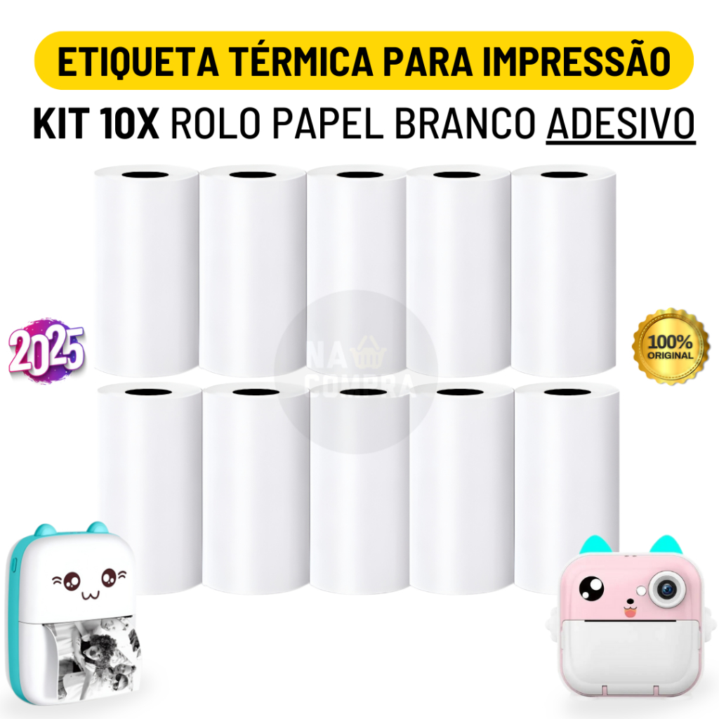 Kit 10 Bobina Etiqueta Térmica Adesiva 57x30mm Branco Rolo Mini Impressora Portátil a Prova De Água