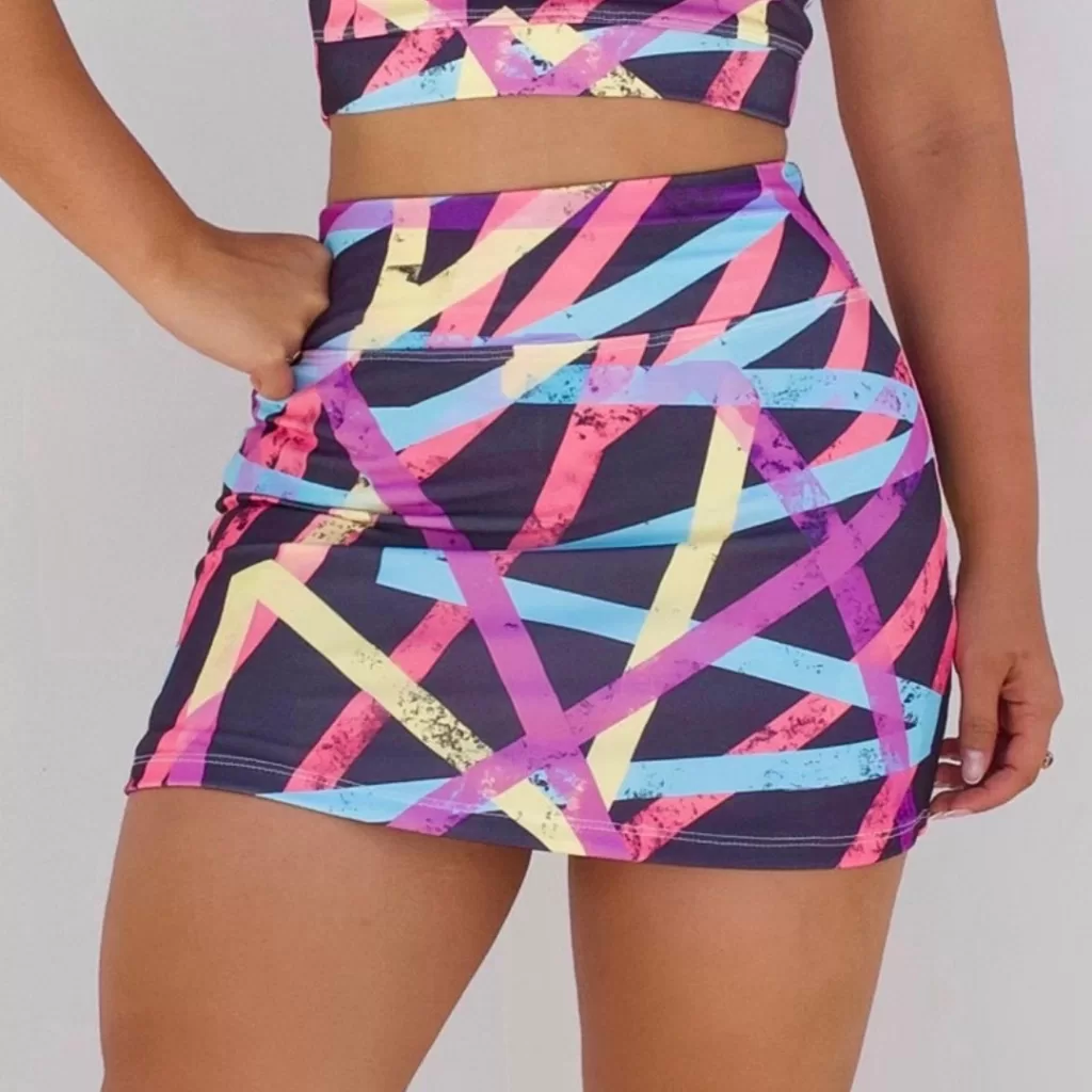 Short Saia Feminino Cintura Alta Suplex Esportivo Academia Fitness Estampada Traços
