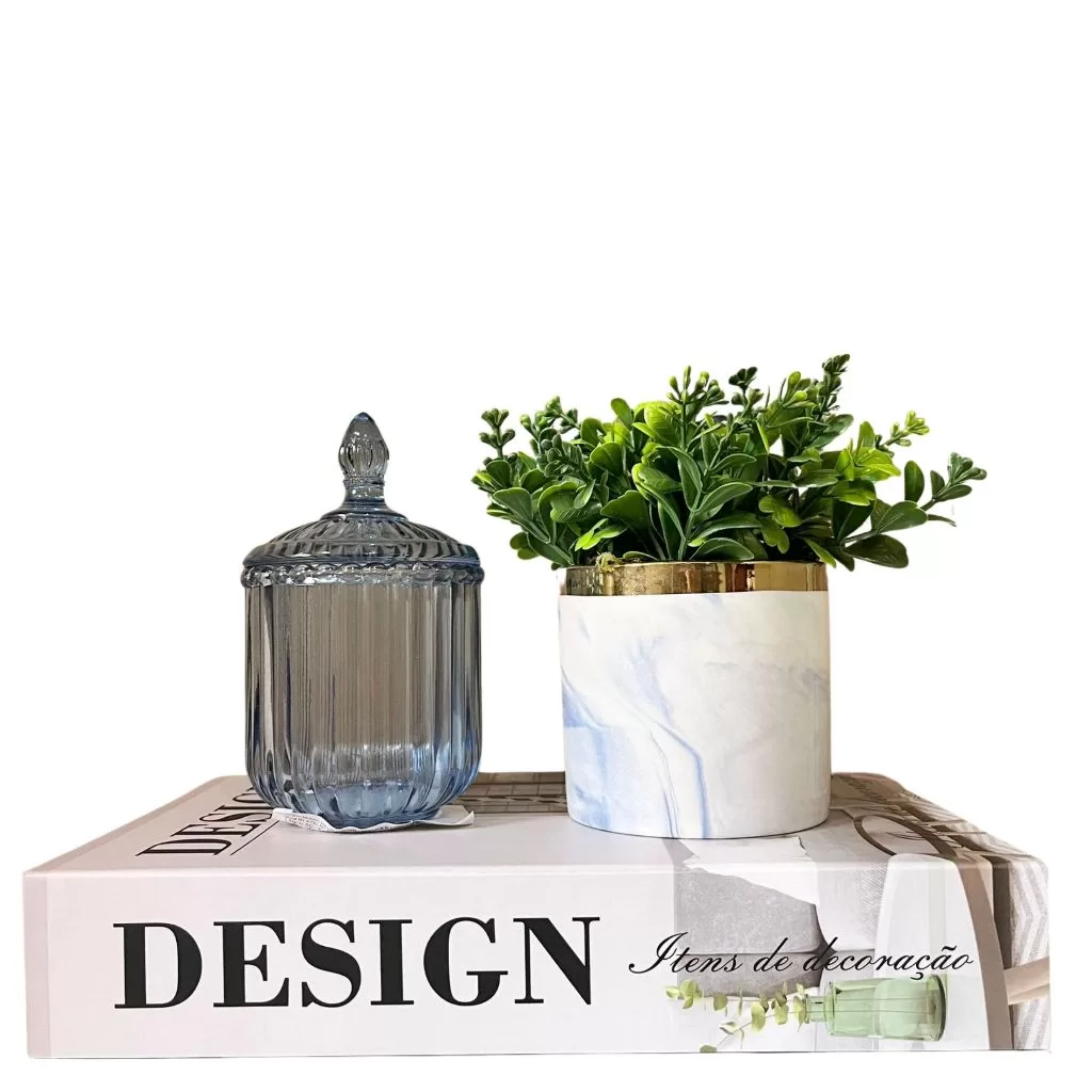 Livro decorativo porta objetos, vaso marmorizado e potiche azul