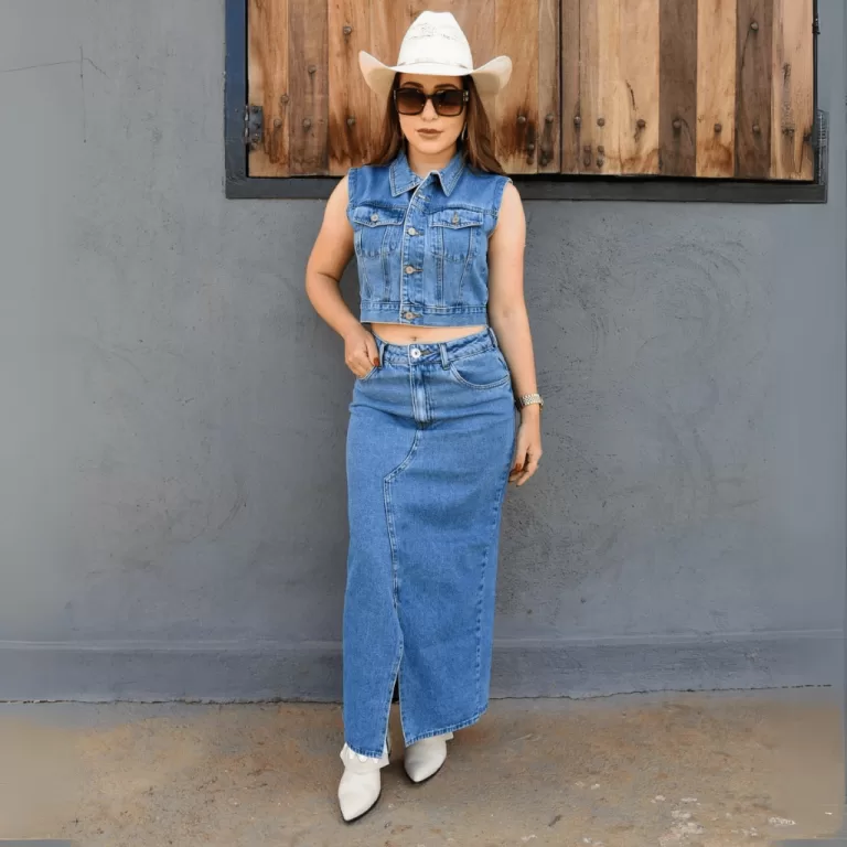Saia Jeans Midi Cintura Alta Longa Com Fenda Longa