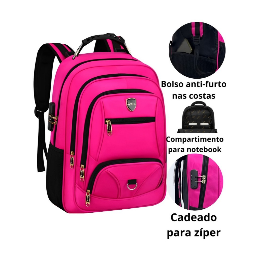 Mochila Masculina Impermeável Anti-Furto Com Cadeado Bolso Nas Costas Reforçada Grande CHL 48A-65