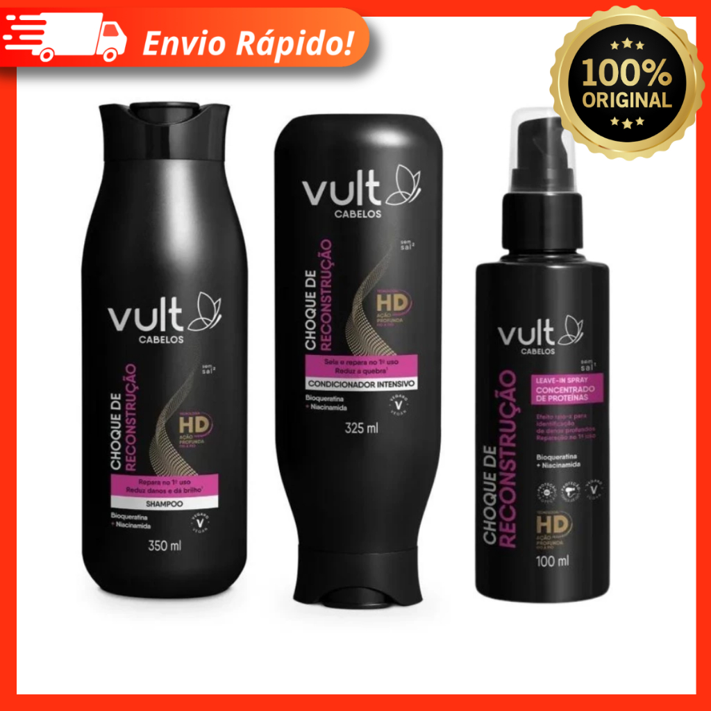 Combo Vult Cabelos Choque de Reconstrução: Shampoo + Condicionador + Leave-in