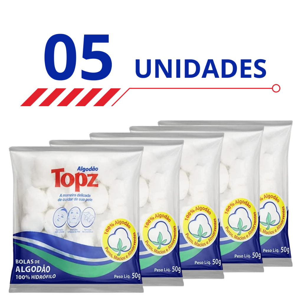 Kit 5 Algodão Topz em Bolas Hidrófilos Puros Macios e Absorventes 50g