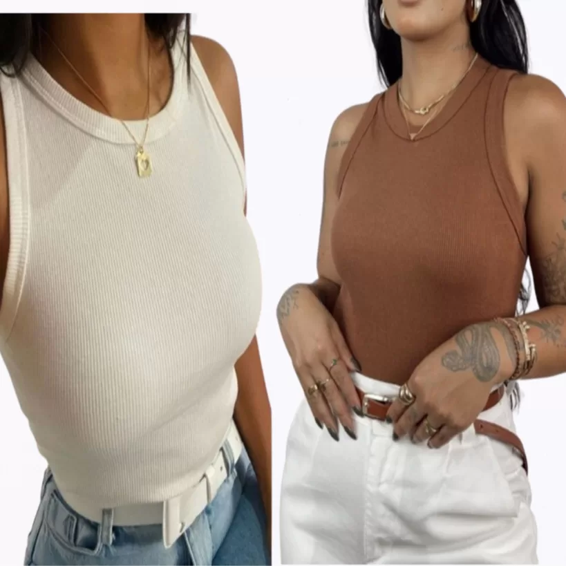 Kit 3 Regata Canelada Feminina Blusinha Básica Ribana Premium Alça Larga