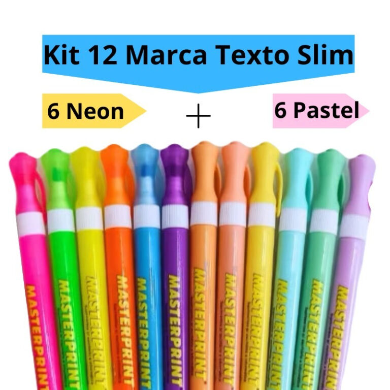 Kit 12 Caneta Marca Texto Slim (6 Neon + 6 pastel)