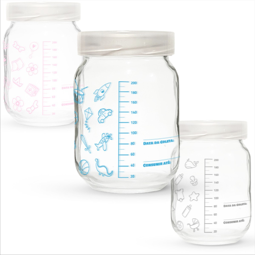 6 Frascos / Potes Vidro P/ Leite Materno – Graduação 200ml