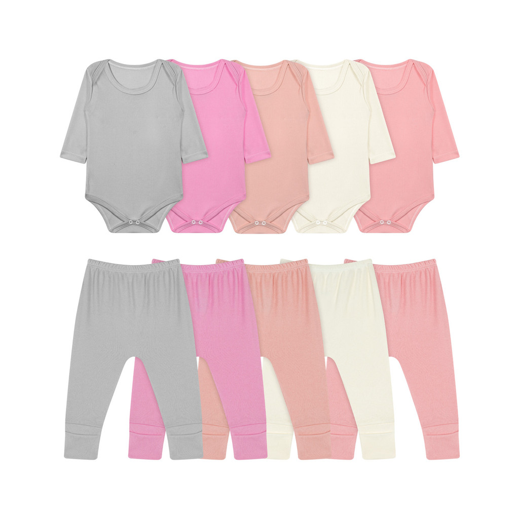 Kit 10 Peças Body Bebê Manga Longa e Calça Canelado Menina