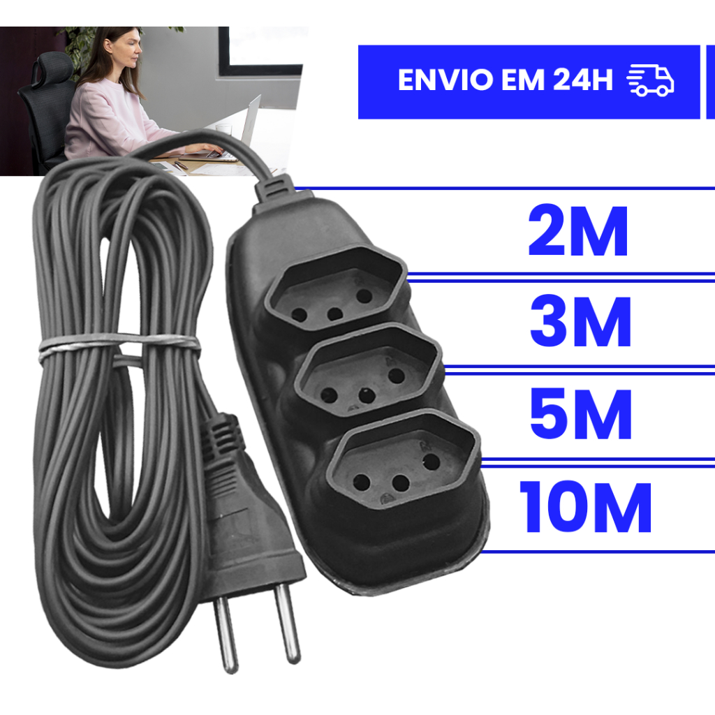 Extensão Elétrica 10 Metros – Bivolt 110/220 10A Tomada Tripolares Preta Resistente