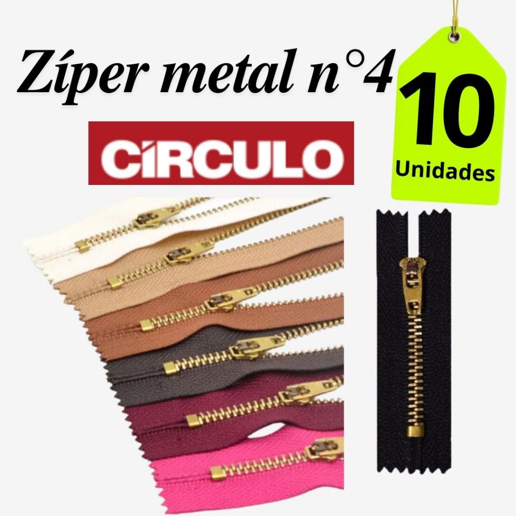 KIT 10UN ZÍPER METAL 15CM/18CM  CÍRCULO (ORIGINAL)- cursor com trava automática de segurança