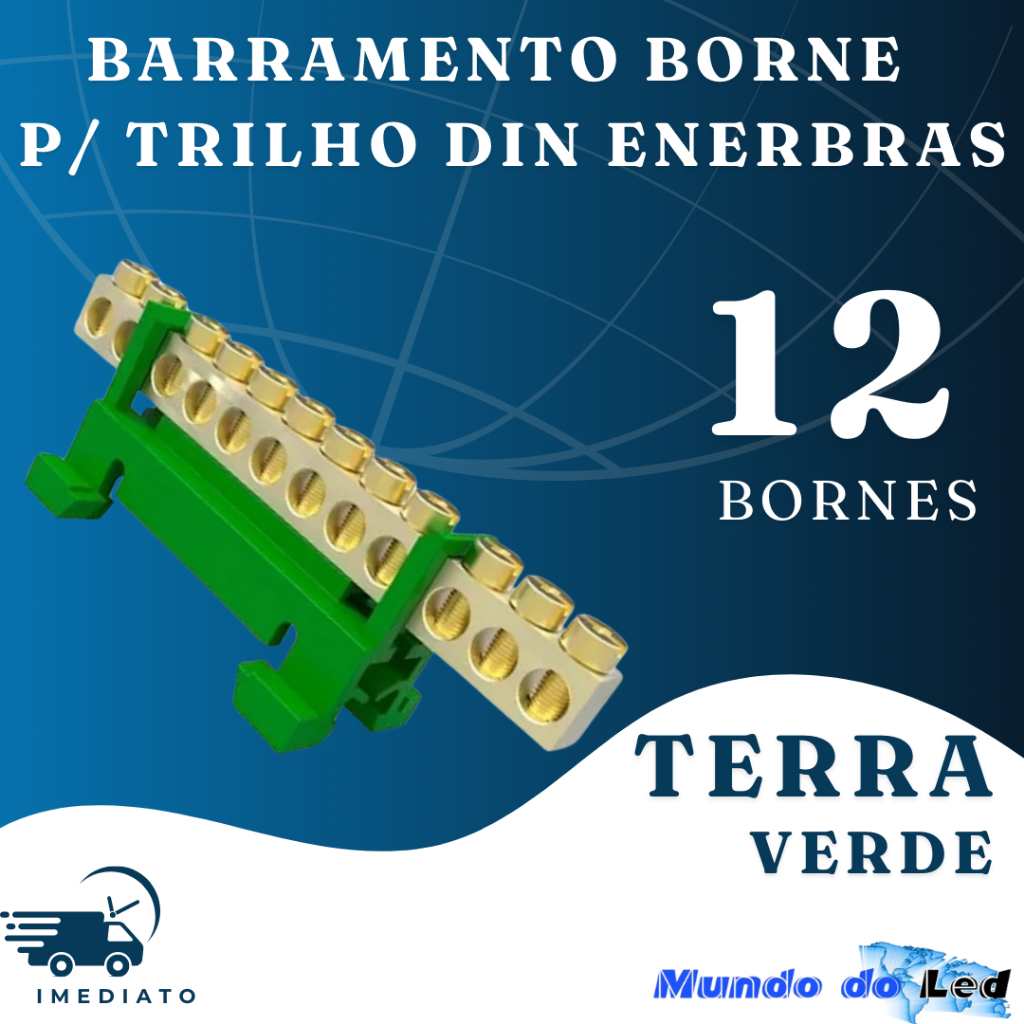 Barramento Borne Terra C/ 12 Bornes P/ Trilho Din Verde Enerbras