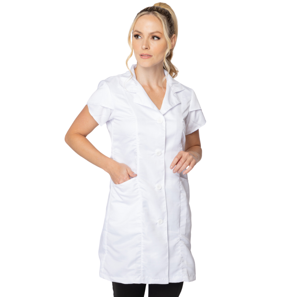 Jaleco Feminino Acinturado Manga Curta Gabardine 2 Bolsos