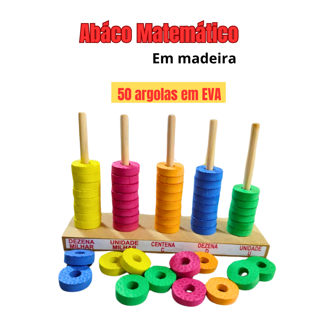 Ábaco Aberto 5 Hastes Em Madeira Com 50 Argolas De Eva