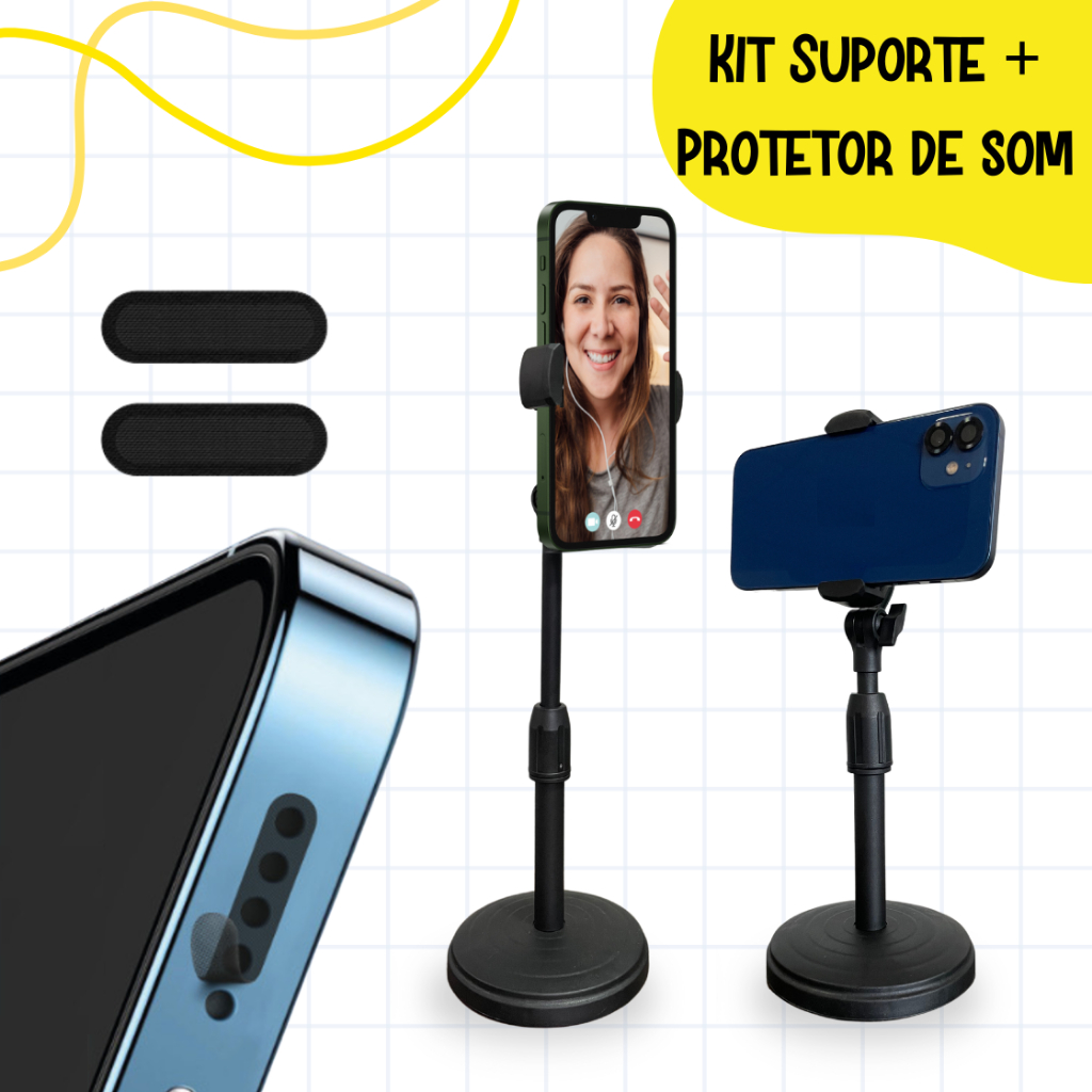 Kit Suporte Tripé Articulado para Celular 360. Mesa + Película Protetora Saída de Som Áudio