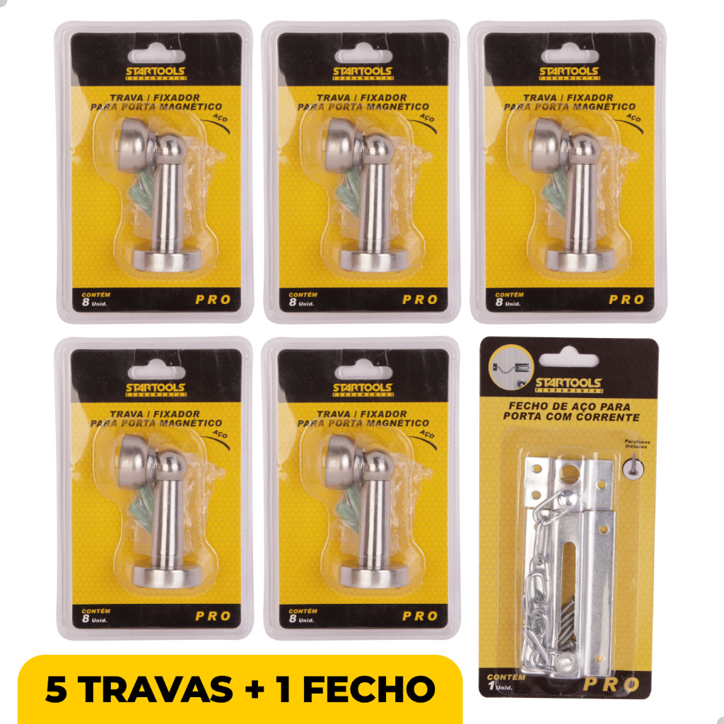 Kit 5 Trava Fixador Magnetico Porta Fecho de Aço com Corrente StarTools AR0649 AR0700