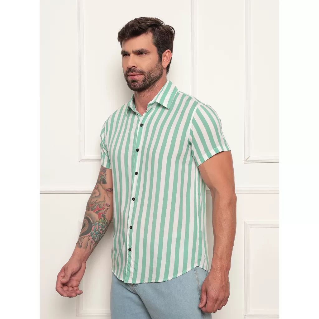 Camisa Masculina Slim Fit Viscose Listrada Alta Qualidade Leve Fresco