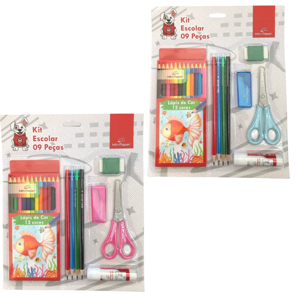 Kit Escolar 9 Peças Masculino e Feminino Volta as Aulas Lápis de Cor Tesoura Apontador Cola