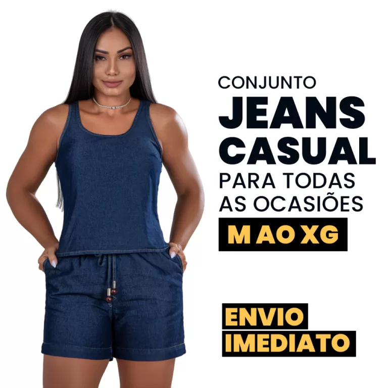 Conjunto Jeans Feminino Casual Com Bolso e Elásti