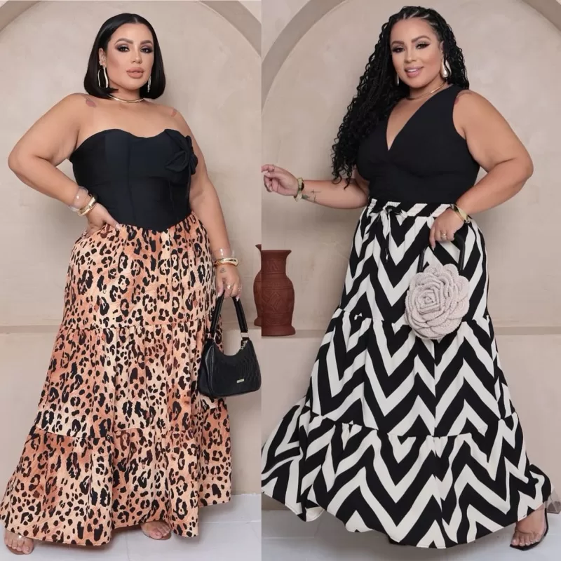 PLUS SIZE Saia longa babado camadas 3 marias tamanho GG G1 (44 ao 50) onça oncinha plu size