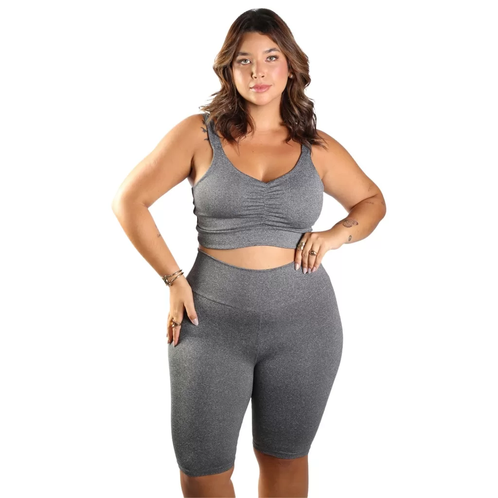 Conjunto Plus Size Fitness Top + Bermuda Cintura Alta Suplex Modelador Academia Yoga