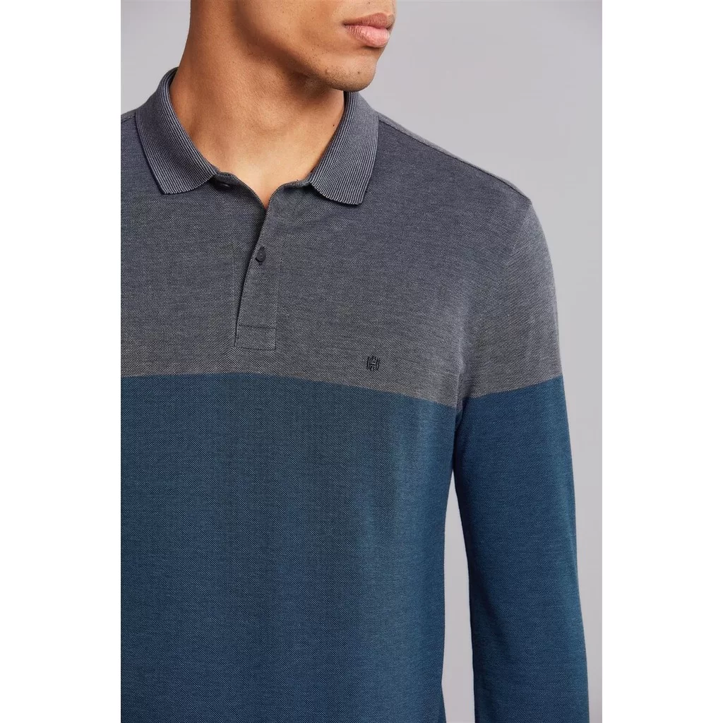 Polo Manga Longa Piquet Slim Fit – Cinza Escuro / Azul Marinho