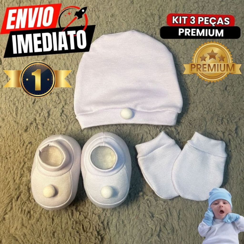 Jogo 3 Peças Touca Luva e Sapatinho De Bebê 0 À 3 Meses Kit Luxo Premium Qualidade