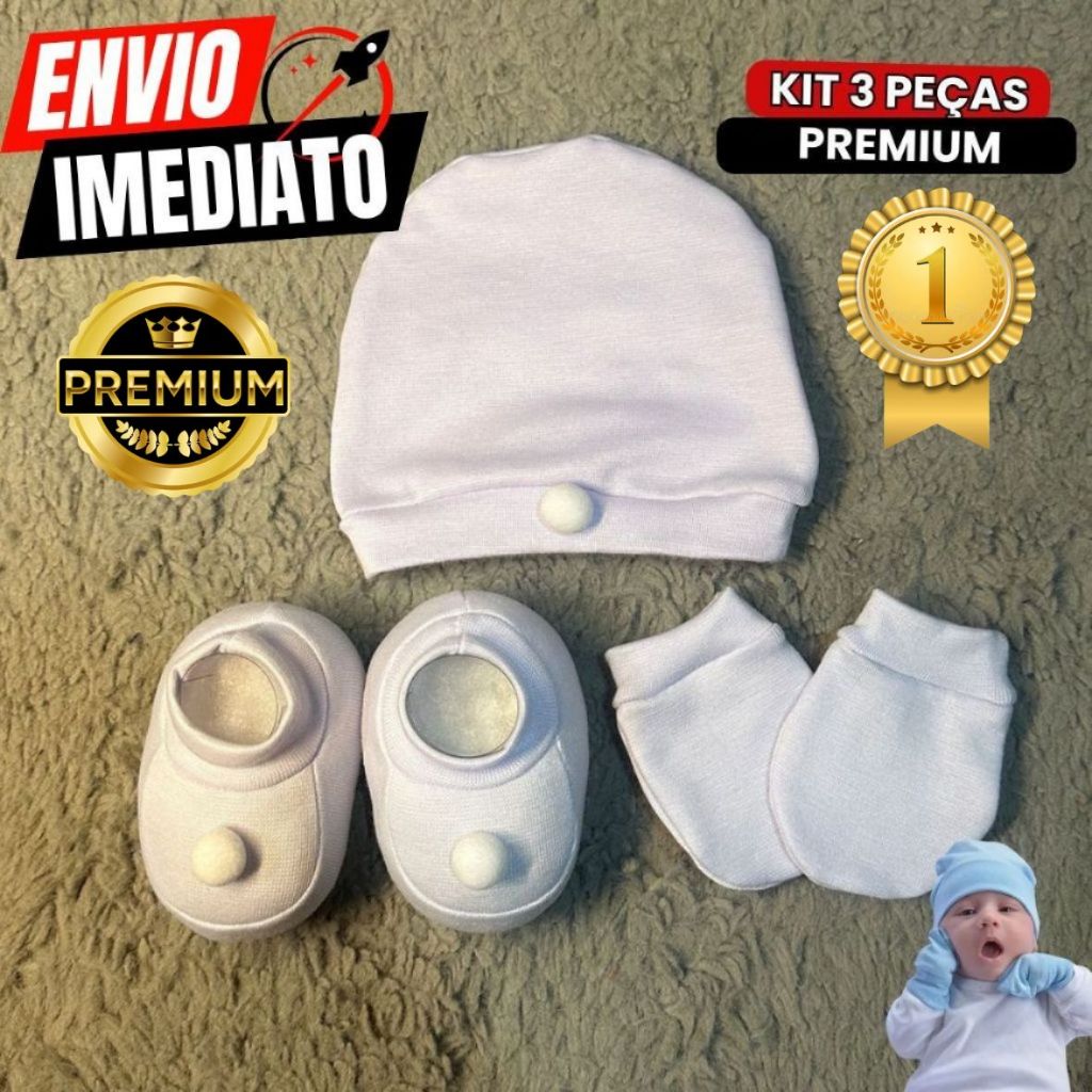 Saída Maternidade Recém Nascido Touca Luva e Sapatinho 3 Peças Roupinha de Bebê Alta Qualidade