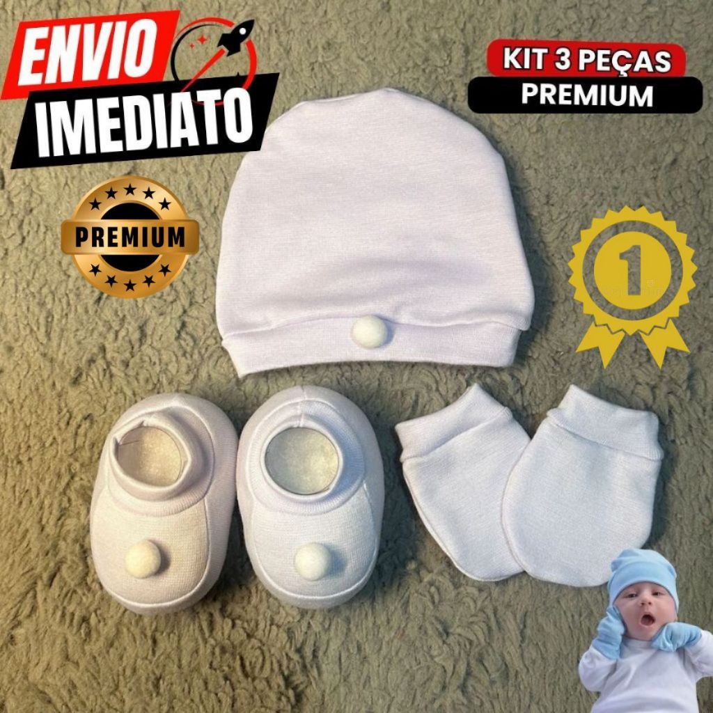 Kit C/3 Peças Touca Luva e Sapatinho De Bebê 0 À 3 Meses Kit Luxo Premium Qualidade