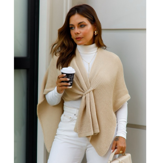 Xale Capa Poncho Blusa Feminina Trico Manga Longa 