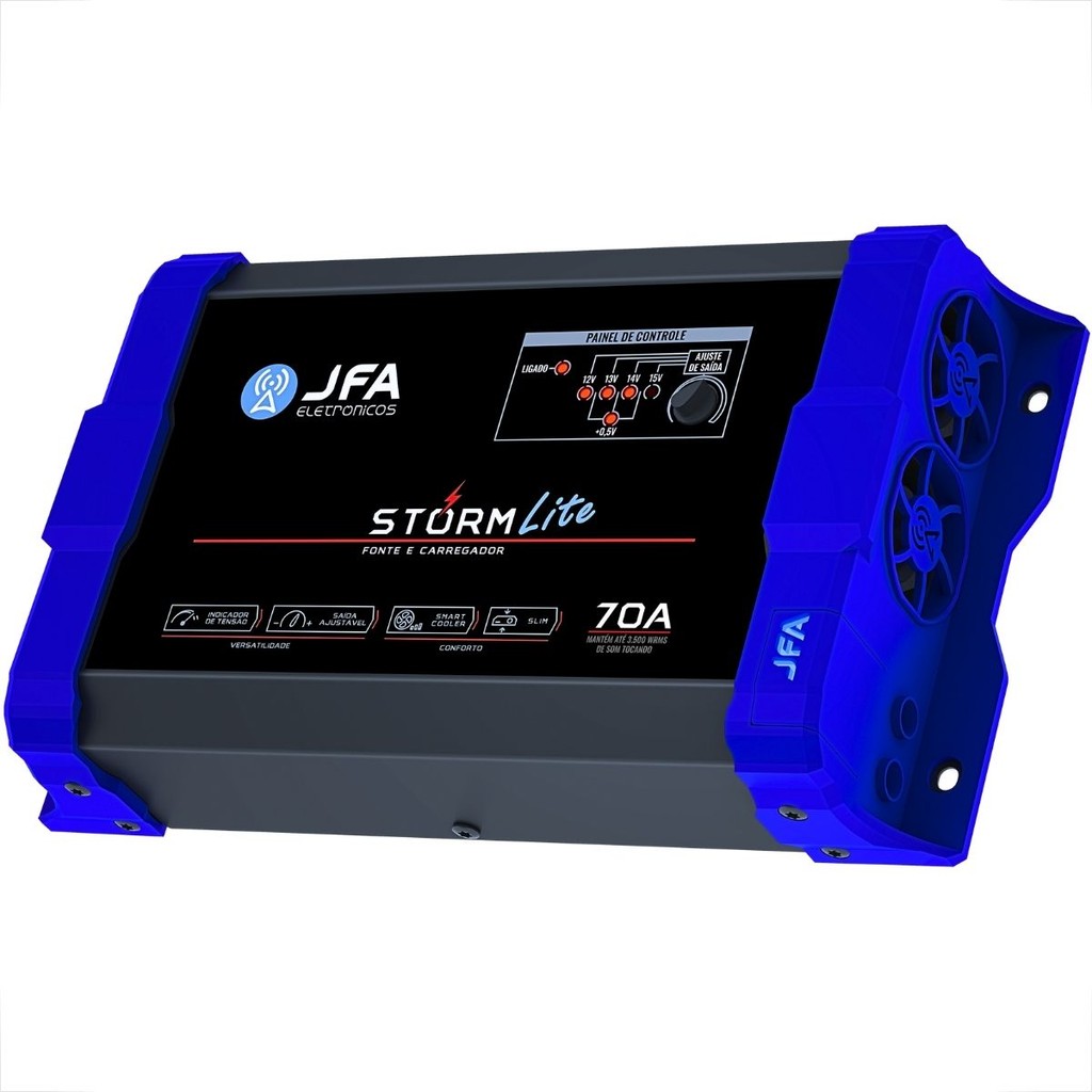 FONTE CARREGADOR AUTOMOTIVO DE BATERIAS JFA 70A AMPERES 12V STORM LITE BIVOLT MODELO NOVO