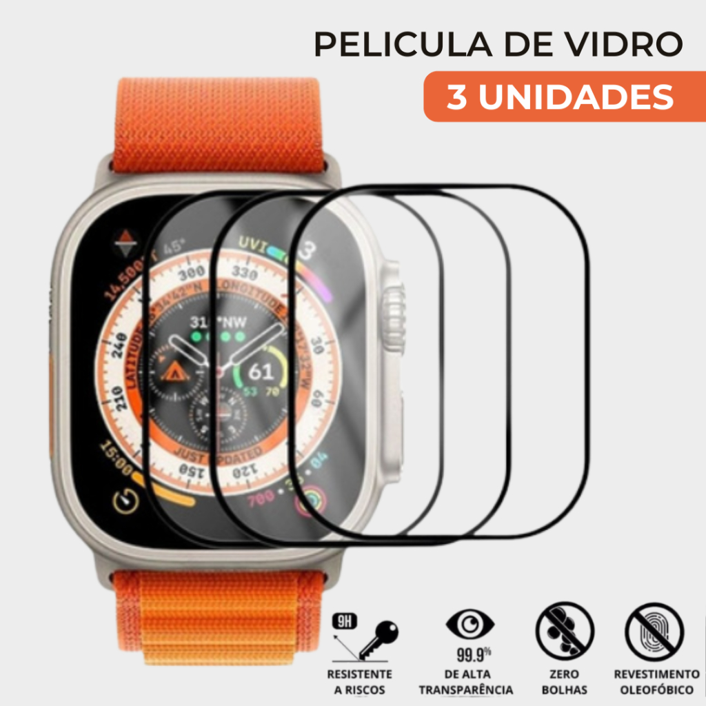 Kit 3 Película de Vidro Temperado Hd Apple Watch Ultra 49 mm Proteção de Tela Relogio
