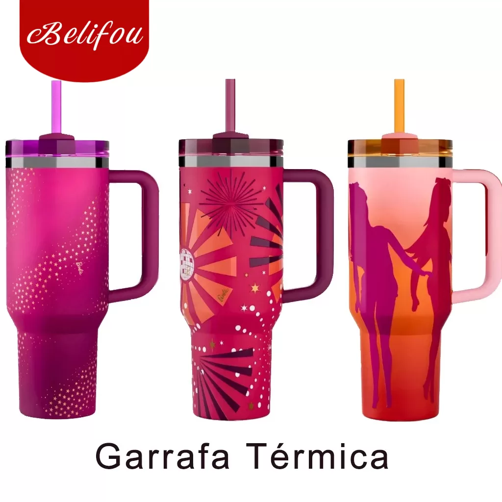 Belifou Garrafa Térmica Copo Boneca Rosa 1200ml Inox Com Tampa e Canudo Personalizado Modelo