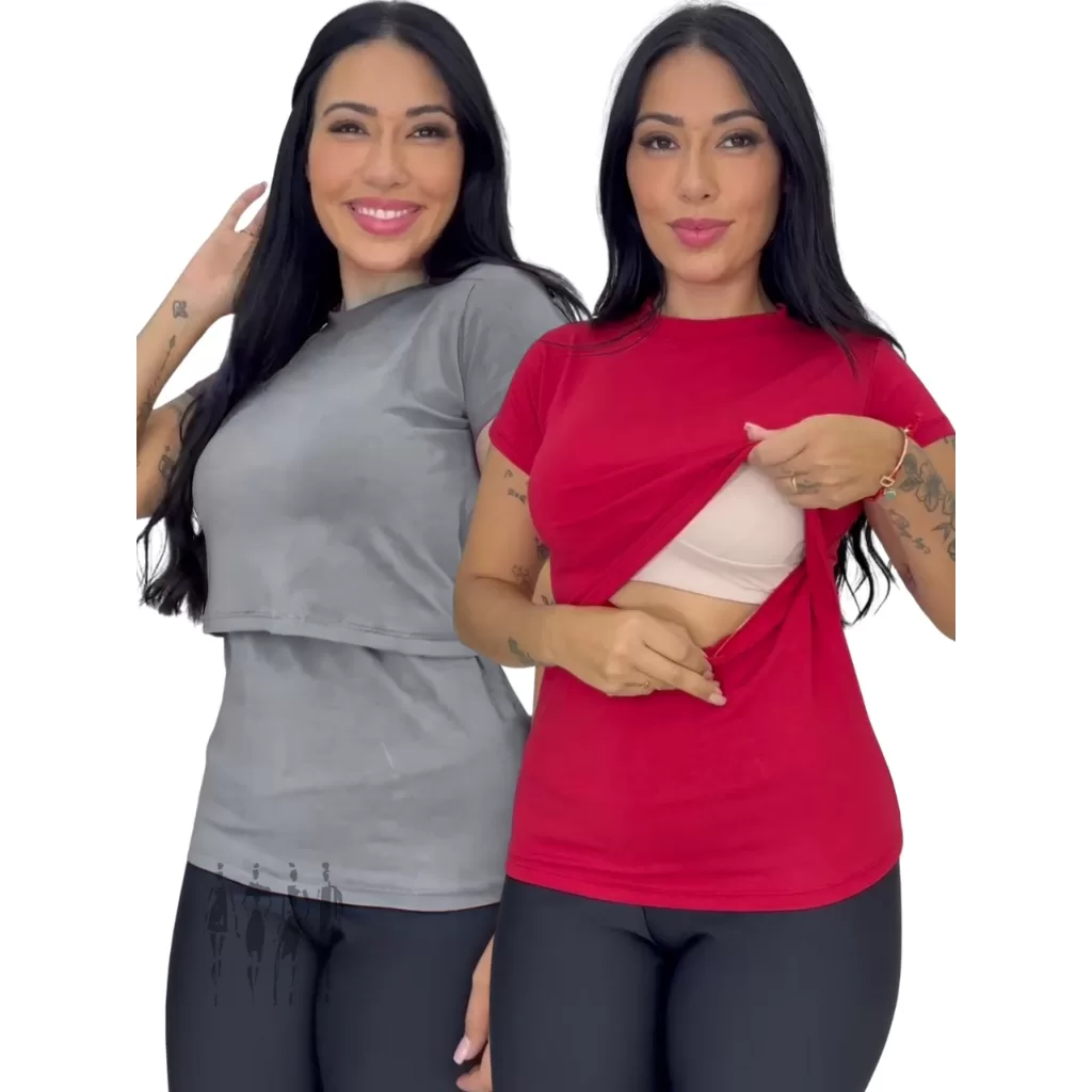 Blusa amamentação manga curta Malha macia com abertura discreta