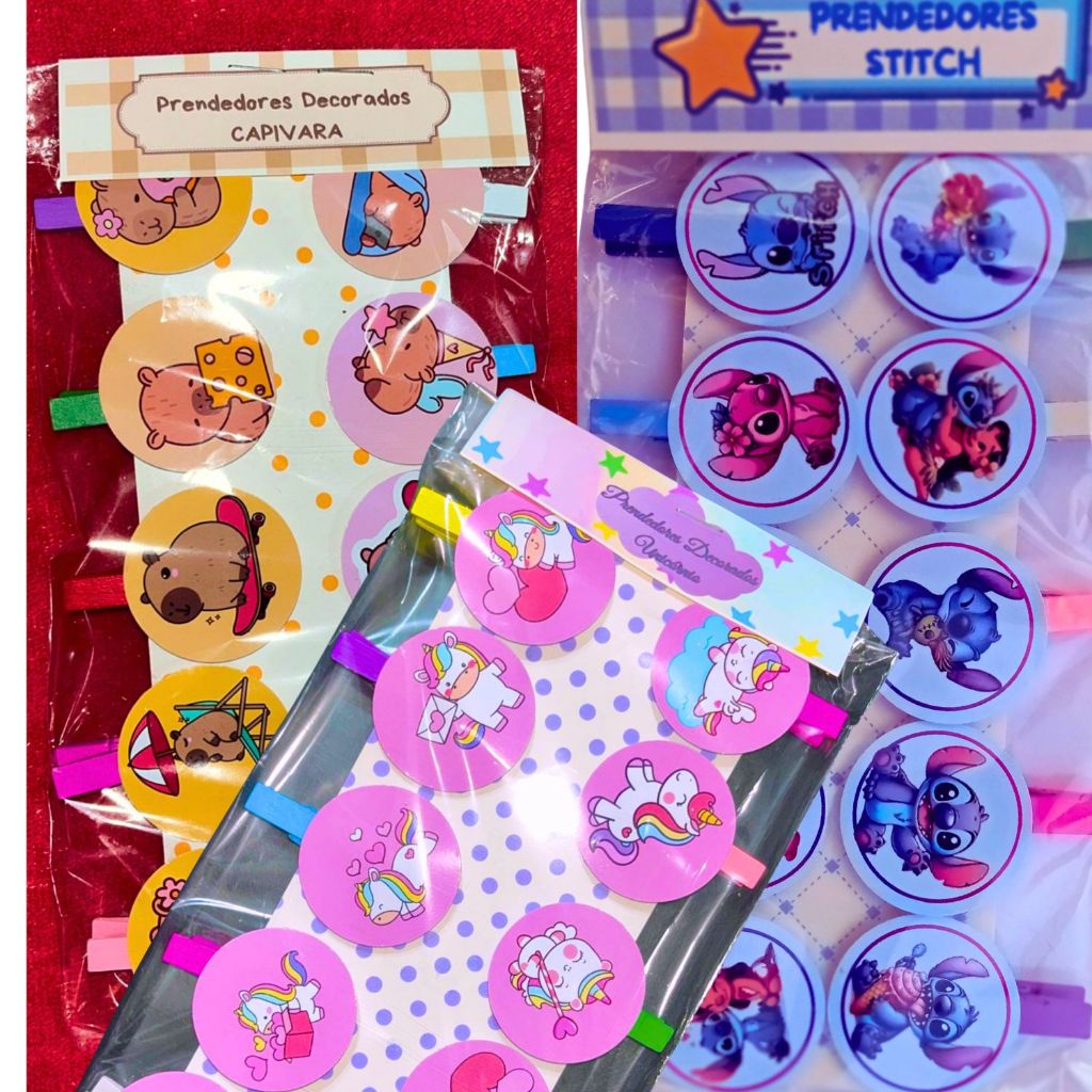 CARTELA PREND. UNICÓRNIO, STITCH E CAPIVARA– VARAL DE FOTOS –  LEMBRANCINHAS – ANIVERSÁRIOS