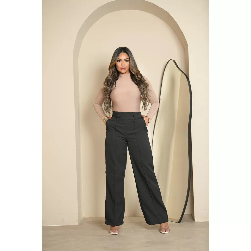 Calça Pantalona Feminina Alfaiataria Flare Bolso Faca fincionai Ziper Botão Pasantes na cintura Alta