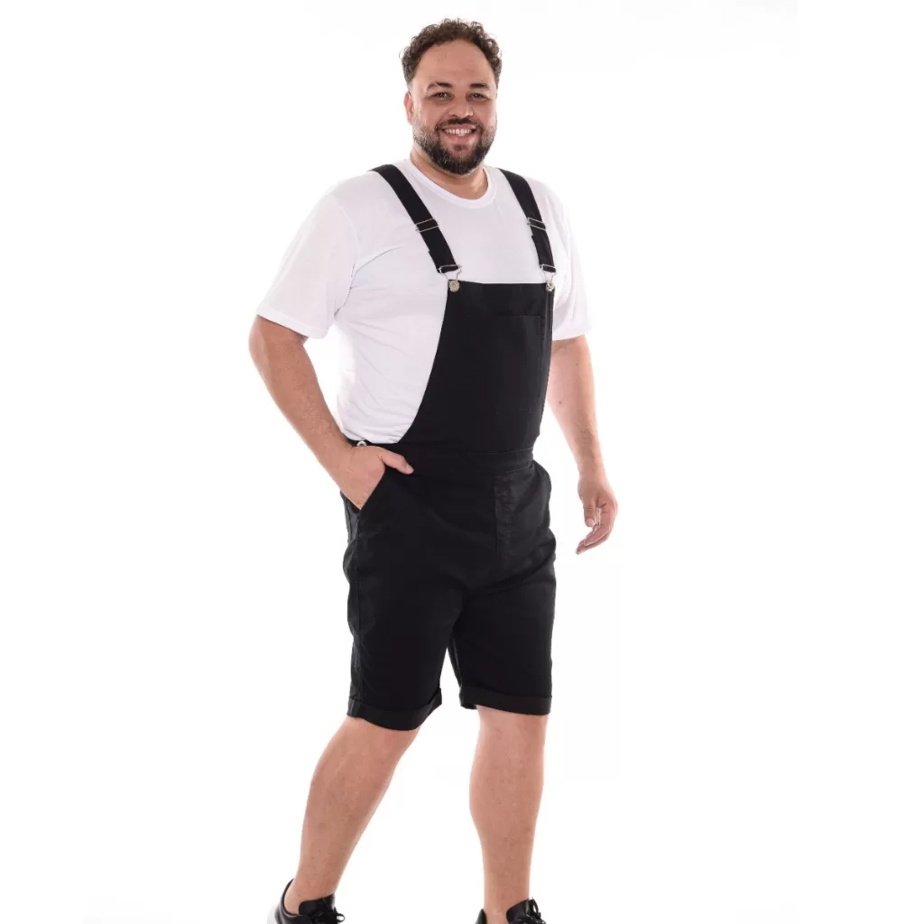 Macacão (jardineira) Curto Masculino Preto Sarja Plus Size