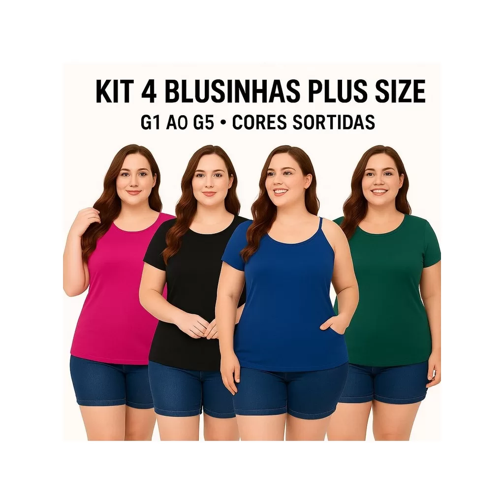 Kit 4 Camisetas Blusas Plus Size Feminina Manguinha Viscolycra G1 G2 G3 G4 G5 CORES SORTIDAS – ELEGA